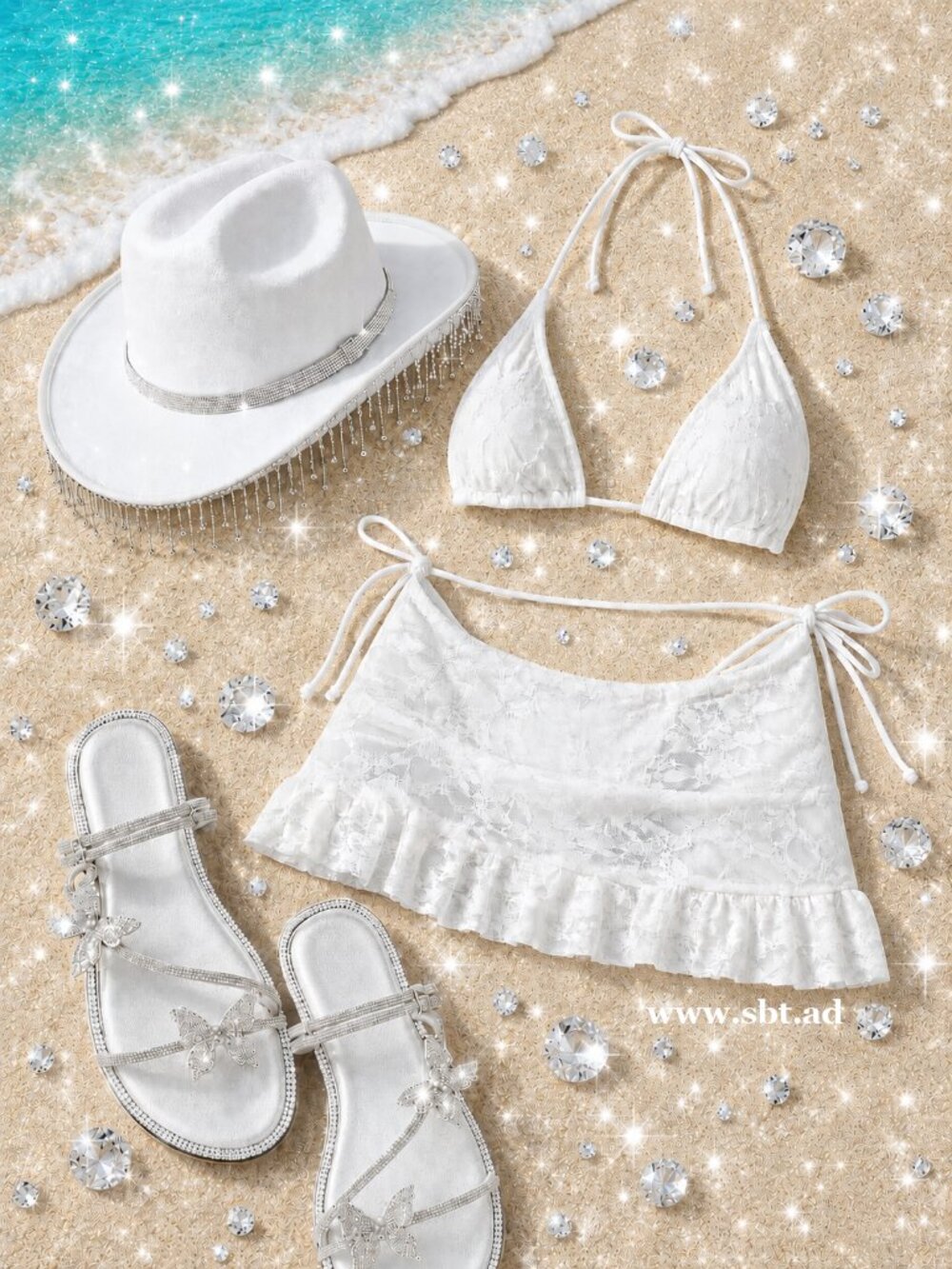 NEW Sparkling Bling Swarovski Crystal Rhinestone Hat & Sandals Pink Bikini Skirt - Picture 12 of 16